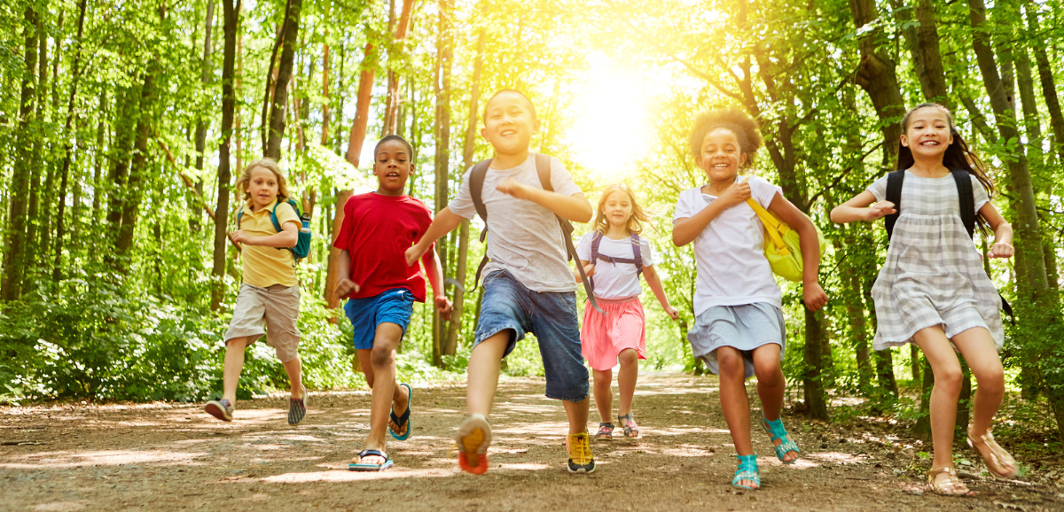 Children running in forest