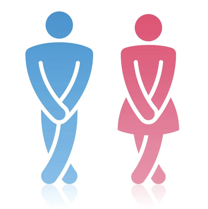 Man and woman stick figure clutching private area
