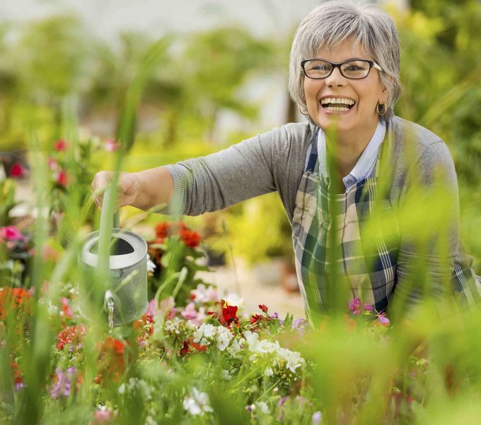 Elderly woman watering flower garden