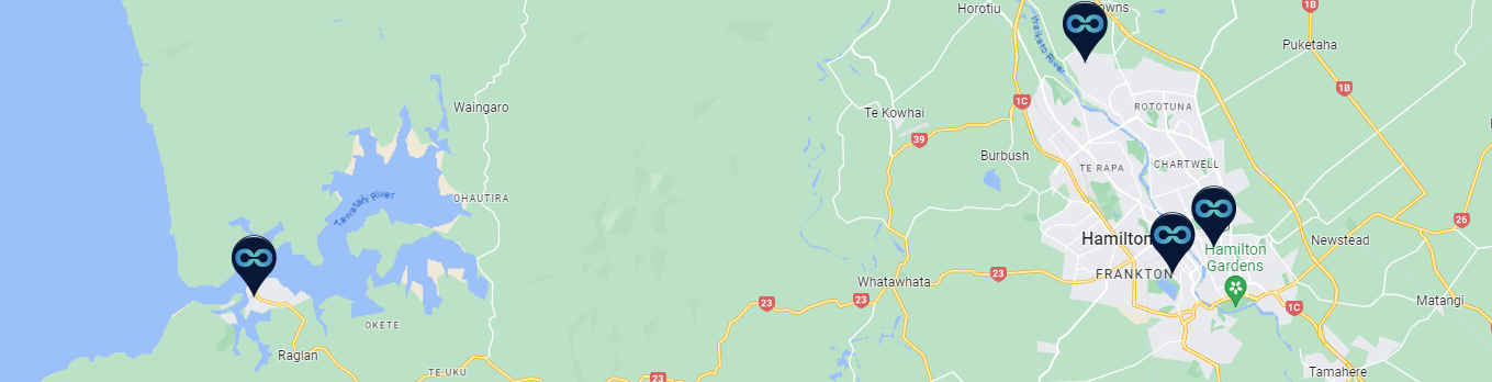 Map showing Raglan and Hamilton Connect Health clinic locations.